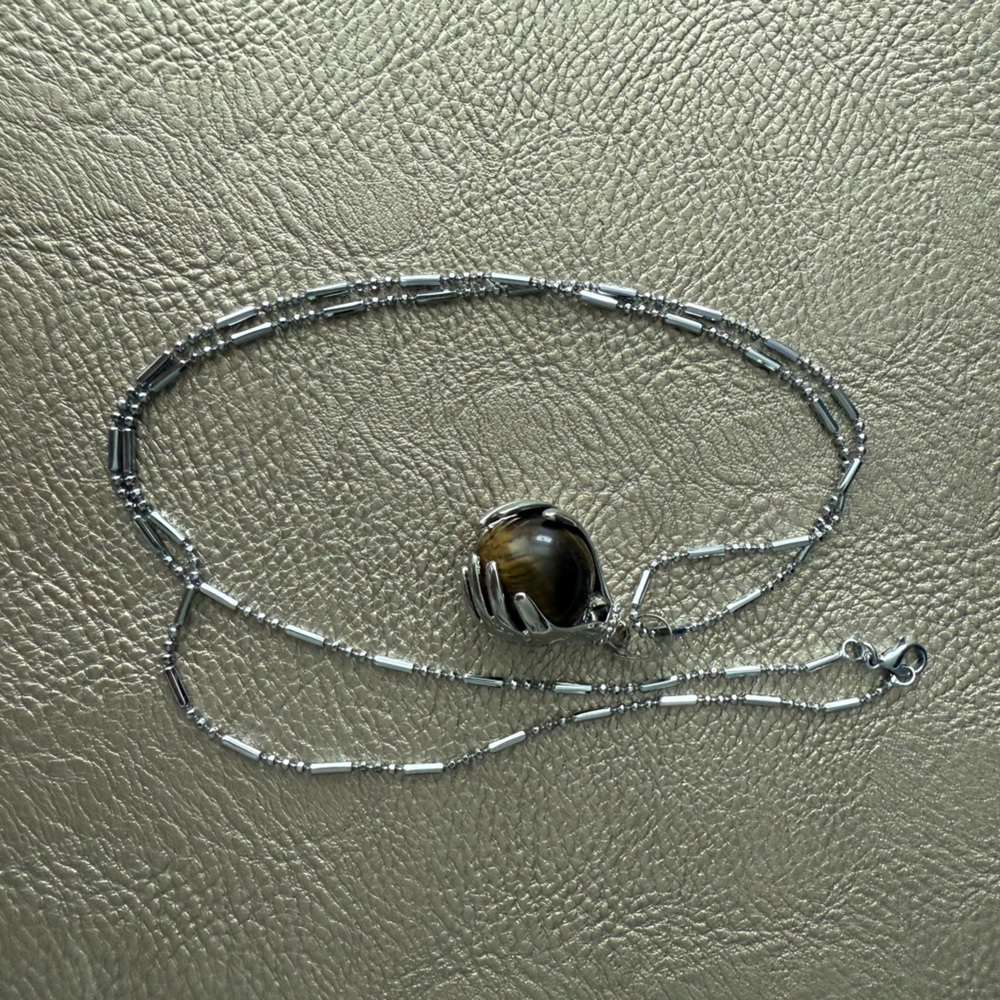 NWOT Tiger Eye Gemstone Pendant with Silver color chain
